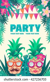 Pineapples with sunglasses, mustaches, lips, palm leaves, monstera, plumeria flowers, flags. Tropical beach party. Retro vector illustration. Place your text. Invitation, banner, card, poster, flyer