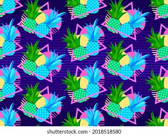 Ananas und Sonnenuntergang im Stil der 80er Jahre. Synthwave- und Retrowave-Stil. Retro futuristische Sonne. Design für Werbebroschüren, Banner und Druck. Vektorgrafik 
