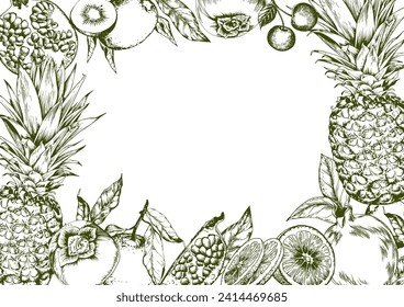 Pineapples and sweet fruits frame. Linear hand drawn vector illustration.