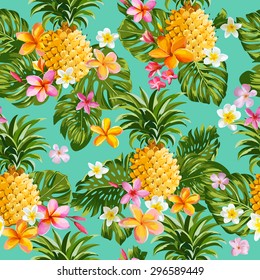 Pineapples and Tropical Flowers Background -Vintage Seamless Pattern - in vector