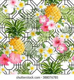 Pineapples and Tropical Flowers Geometry Background -Vintage Seamless Pattern - in vector