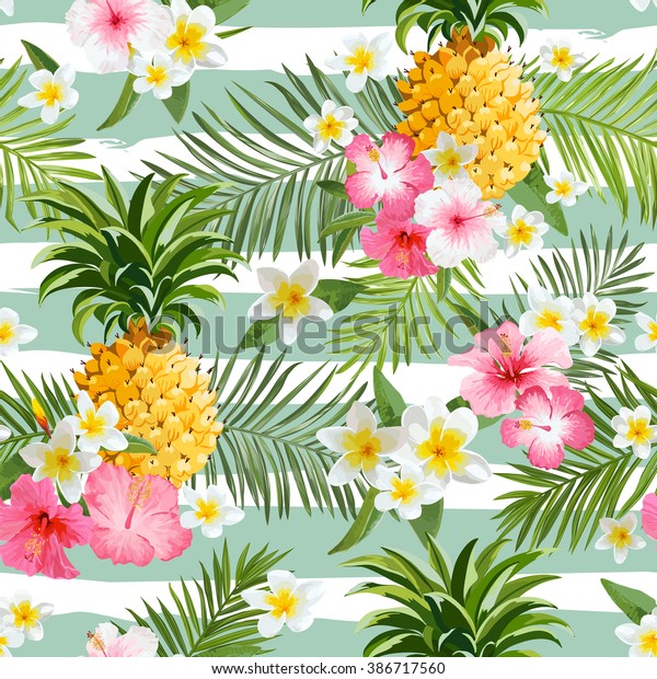 Stock Vektor Ananas A Tropicke Kvetiny Geometrie Pozadi Bez Autorskych Poplatku 386717560