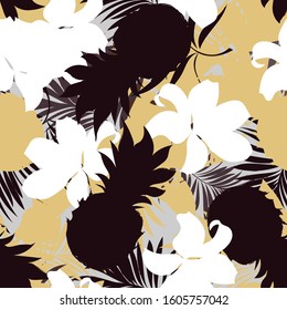 Pineapples with tropical flowers and palm leaves. Seamless pattern with vector silhouettes of tropical plants and fruits.