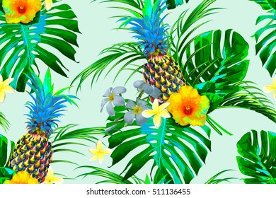 Pineapples, tropical flowers, palm leaves, jungle leaf, monstera, hibiscus. Beautiful seamless vector floral pattern background