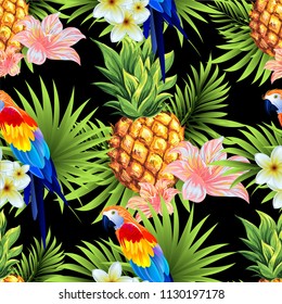 Pineapples with tropical flowers, parrots and palm leaves. Seamless vector pattern on black background.