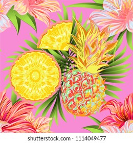 Pineapples with tropical flowers. Seamless vector pattern.