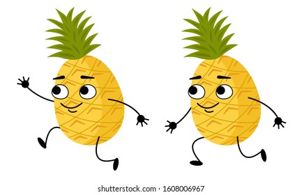 Pineapples are a tropical fruit. The cartoon character smiles and waves his hand in greeting