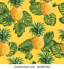 Pineapples and Tropical Leaves Background -Vintage Seamless Pattern - in vector