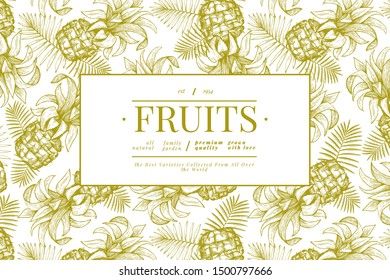 Pineapples and tropical leaves design template. Hand drawn vector tropical fruit illustration. Engraved style ananas fruit banner. Retro botanical frame.