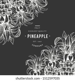 Pineapples and tropical leaves design template. Hand drawn vector tropical fruit illustration. Engraved style ananas fruit banner. Vintage botanical frame.