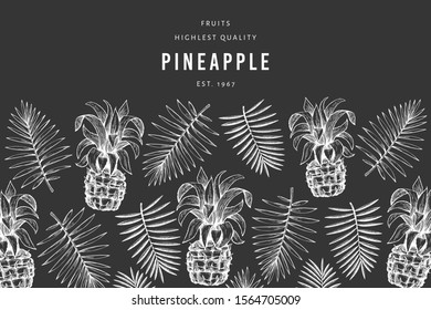 Pineapples and tropical leaves design template. Hand drawn vector tropical fruit illustration on chalk board. Engraved style ananas fruit banner. Retro botanical cover.