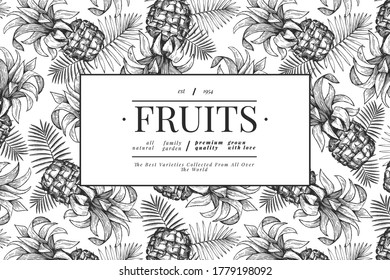 Plantilla de diseño de piñas y hojas tropicales. Ilustración de frutas tropicales vectoriales a mano. Banner de fruta de ananas de estilo grabado. Marco botánico retro.