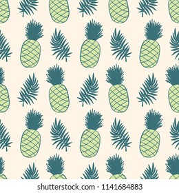 Pineapples and tropical leaves seamless pattern, modern hand drawn nature foliage. Summer Hawaii jungle exotic plants, textile print, clothes, wallpaper, wrapping paper. Trendy surface design.