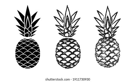 Pineapples varieties icons. Black fruits with shaggy scales and tops organic vitamins exotic food and healthy vector juice.