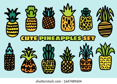 Pineapples vector hand drawn illustration set. Tropical fruits collection isolated on white