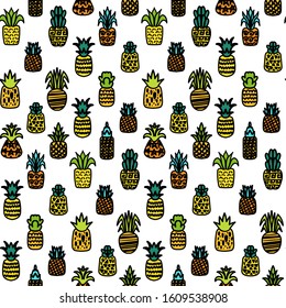 Pineapples vector hand drawn seamless pattern. Tropical, exotic fruits on white background