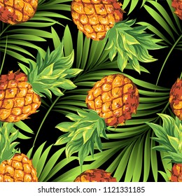 Pineapples. Vector pattern of tropical fruits with green palm leaves.