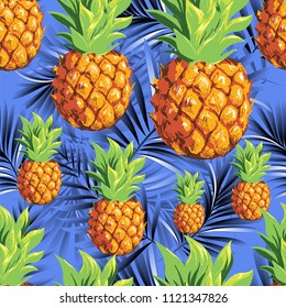 Pineapples. Vector pattern of tropical fruits with palm leaves on a blue background.