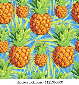 Pineapples. Vector pattern of tropical fruits with palm leaves on a blue background.