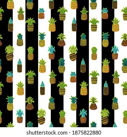 Pineapples vector seamless pattern. Summer fruit on striped background. Tropical wallpaper design