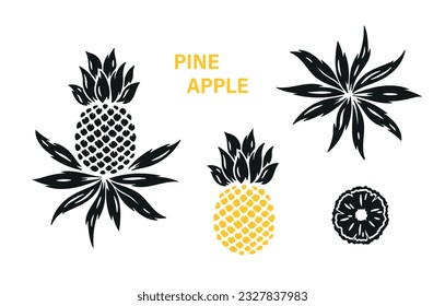 Juego de vectores de piñas. Fruta tropical. Iconos de siluetas negras de piña Aislados en blanco. 