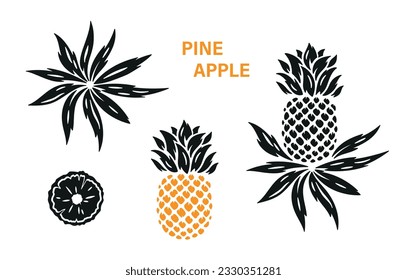 Pineapples Vector Set. Tropical Fruit. Pineapple Black silhouette icons Isolated on white.