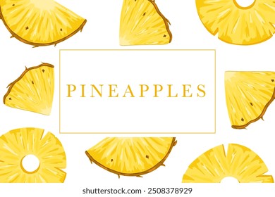 Pineapples vector tag. Tropical fruit sticker design. Text place. Fruity pattern cover background. Label for food, drink, flavour packaging, beauty products. Uncut elements. White background