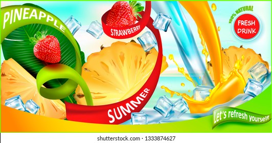 Pineapple.Strawberry. Juicy Fruits and Berries on a Summer, tropical background for advertising juice, Smoothies, Cocktails, Drinks.Falling ice cubes.Hibiscus.3d Realistic Vector package design