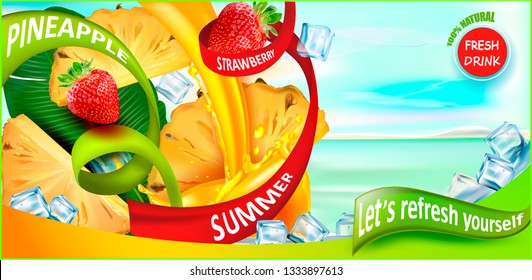 Pineapple.Strawberry. Juicy Fruits and Berries on a Summer, tropical background for advertising juice, Smoothies, Cocktails, Drinks.Falling ice cubes.Hibiscus.3d Realistic Vector package design
