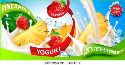 Pineapple.Strawberry. Milk.Juicy Fruits and Berries on a Summer, tropical background for advertising juice, Smoothies, Cocktails, Drinks.Falling ice cubes.3d Realistic Vector package design