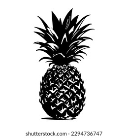 Pineapple-summer and tropical fruit. Black sketch silhouette. Hand drawing, black and white illustration. Vector on white isolated background. Good for packaging, logo, and decor.