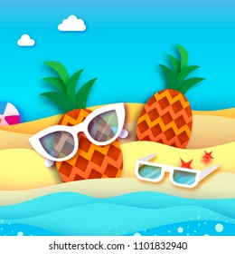 Pineappple. Ananas in paper cut style. Origami Healthy food. Vacation and travel concept. Summer beach. Vector