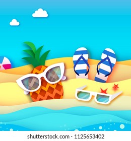 Pineappple. Ananas in paper cut style. Origami Healthy food. Summertime. Sea and beach. Sport ball game. Sunglasses. Flipflop shoes. Vacation and travel concept.