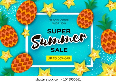 Pineappple and carambola. Ananas and starfruit Super Summer Sale Banner in paper cut style. Origami juicy ripe slices. Healthy food on blue. Square frame for text. Summertime.
