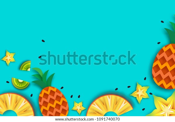 パイナップル カランボラ キウィ アナナとスターフルーツ 夏の切り方 折り紙のジューシーな熟したスライス 青の背景に健康に良い新鮮な食べ物 夏 のベクター画像素材 ロイヤリティフリー