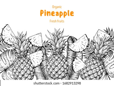 Pineappple hand drawn package design. Pineapple frame template. Vector illustration. Pineapple sketch, brochure illustration. Pattern illustration. Can used for package