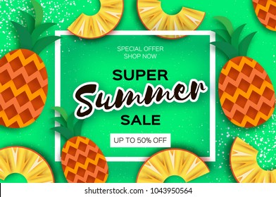 Abacaxi. Vista superior. Ananas Super Summer Sale Banner em estilo de corte de papel. Origami suculento fatias maduras. Comida saudável no verde. Quadro quadrado para texto. Hora do verão.