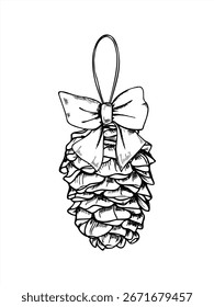 Pinecone ou cone de cedro com arco de cetim amarrado para decoração de árvore de Natal ilustração vetor monocromático. Desenho de gravura de decoração de Natal para design de férias de inverno, convites, cartões de felicitações.