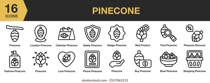 Pinecone icon set. Includes safety, badge, best product, buy, phone, shopping, and More. Outline icons vector collection.