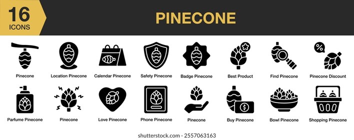 Pinecone solid icon set. Includes safety, badge, best product, buy, phone, shopping, and More. Solid icons vector collection.