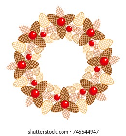 Pinecone wreath. Beige-brown cones and red balls