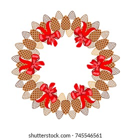 Pinecone wreath with red ribbon and bows