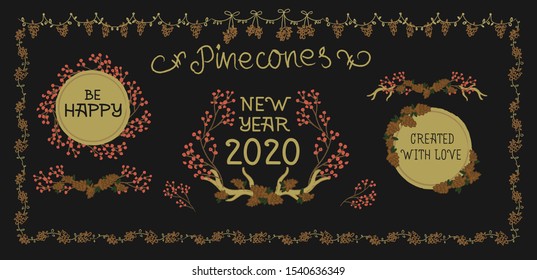 Pinecones collection of cute wreaths and objects, perfect for decorating and scrapbooking. Vector isolated graphic design elements and illustrations. Natural, seasonal, cosy, botanic, forest, home