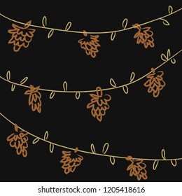 Pinecones, Ribbon, Deer Horns, Bow, Leaf Cosy Hygge stile vector design element. Forest and woods, winter and fall mood. Vector Isolated. Perfect for decoration, icons, stickers. Holidays celebration.