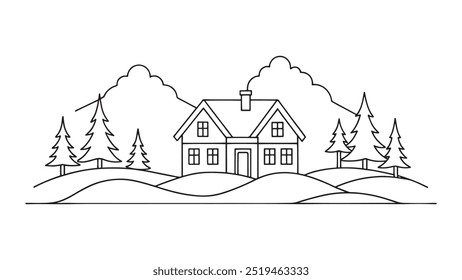 Pinehill Homestead continuous line art isolated flat vector illustration on white background.