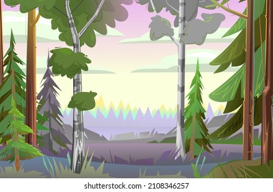 Pines and birches. Coniferous forest in distance on horizon. Morning or evening landscape in nature. Illustration in cartoon style flat design. Vector.