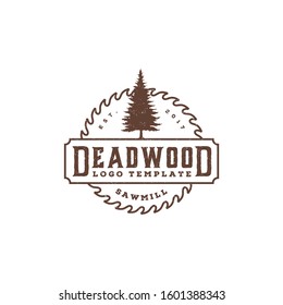 Pines Evergreen Conifer tree with Buzzsaw Circular Saw Skilsaw Blade silhouette for Carpentry Lumberjack or Woowdwork Industry label emblem badge vintage logo design