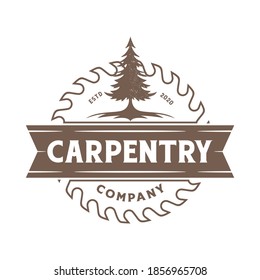 Pines Evergreen Conifer tree with Circular Saw Blade for Sawmill Carpentry Woodwork Vintage Retro logo design