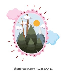pines forest landscape in circular frame
