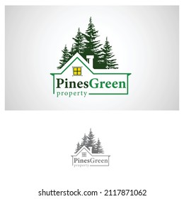 pines green logo vector design template with pines tree and cabin silhouette